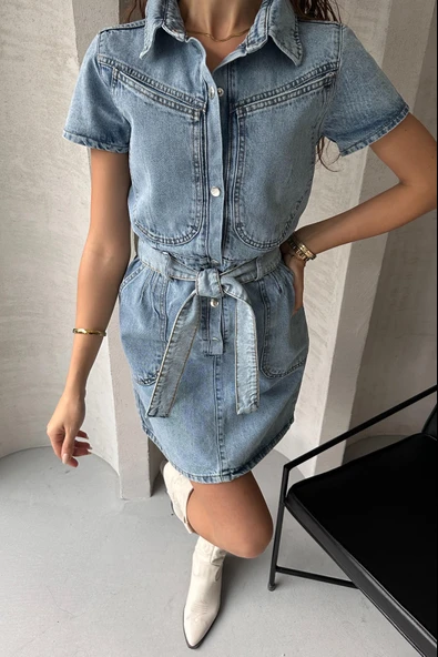 Kemerli Kısa Kol Denim Elbise