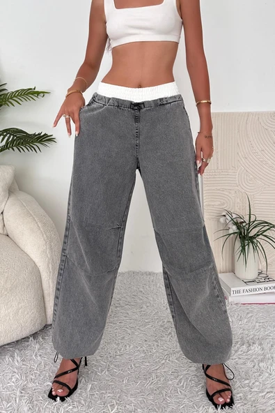 Kadın Bel Ve Paça Lastikli Boxer Detaylı Jean Pantolon - 2