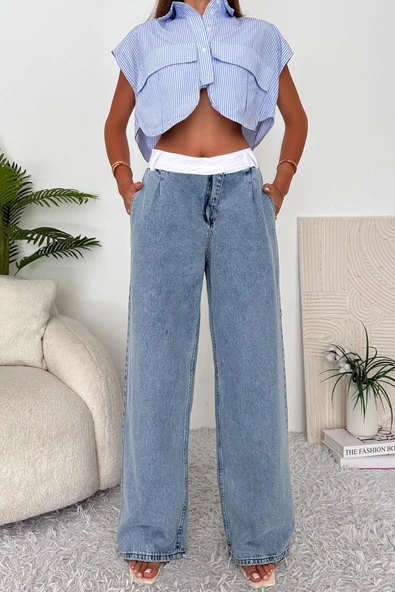 Kadın Boxer Detaylı Geniş Kalıp Jean Pantolon - 2