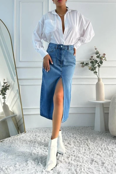 Kadın Midi Boy Pens Detaylı Yırtmaçlı Denim Mavi Etek - 5