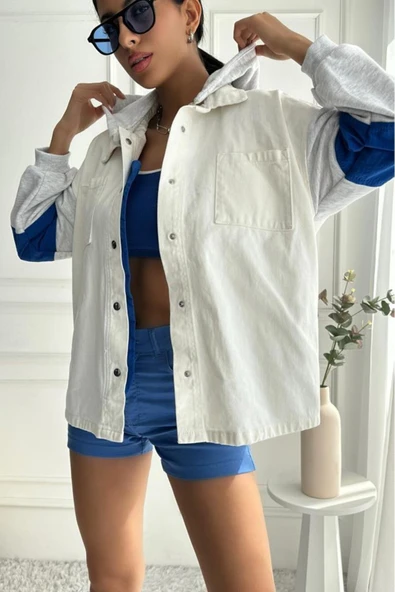 Kadın Oversize Çıkarılabilir Kapüşonlu Denim Bej Ceket - 3