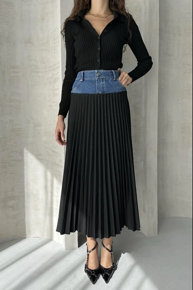 Denim Detay Pileli Etek