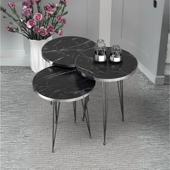 Zigon Sehpa Siyah Tel Ayak Gümüş Bendir 1089 ürün görseli 1