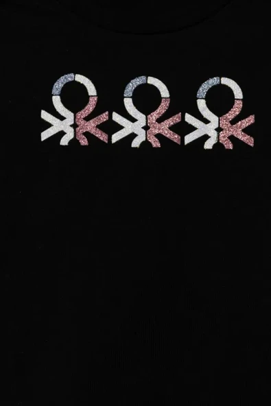 Kız Çocuk Siyah Simli Logo Baskılı T-Shirt - 3