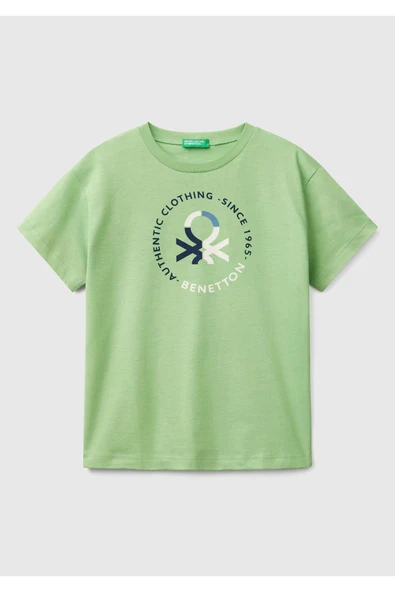 Erkek Çocuk Fıstık Yeşili Benetton Logo Baskılı T-Shirt