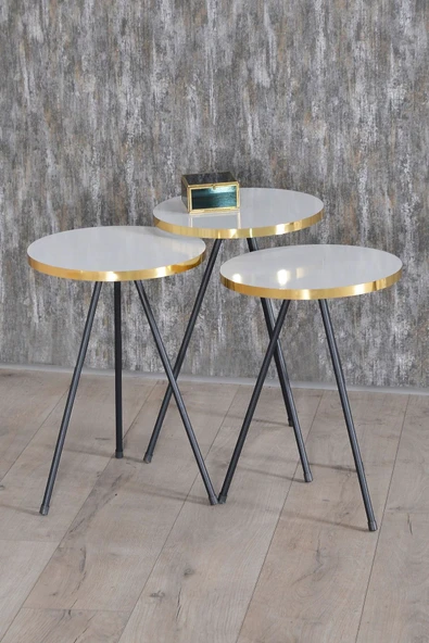 Zigon Sehpa 3 Lü Siyah Metal Ayak Altın Beyaz