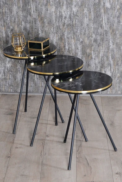 Zigon Sehpa Ve Orta Sehpa Elips Set Siyah Metal Ayak Çift Altın Bendir - 4