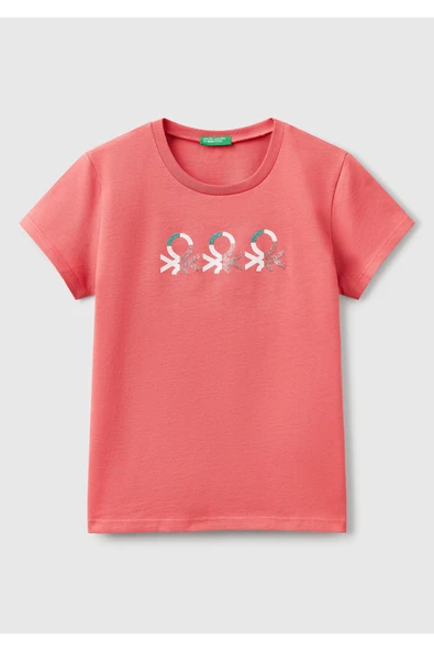 Kız Çocuk Siyah Simli Logo Baskılı T-Shirt - 4