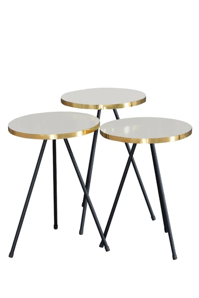 Zigon Sehpa 3 Lü Siyah Metal Ayak Altın Krem - Resim 2