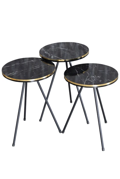 Zigon Sehpa Ve Orta Sehpa Elips Set Siyah Metal Ayak Çift Altın Bendir - 5