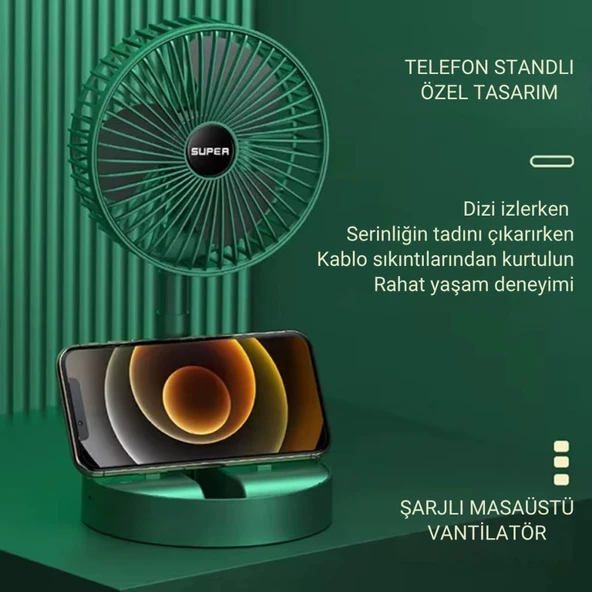 Polham 1200mAh Şarjlı Katlanabilir Telefon Stantlı Masaüstü Serinletici Vantilatör Fan, Katlanır Fan - 8