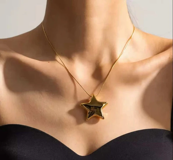 Gold Renk 316L Şık Yıldız Model Parlak ve Minimalist Tasarım Çelik Kolye ürün görseli 1