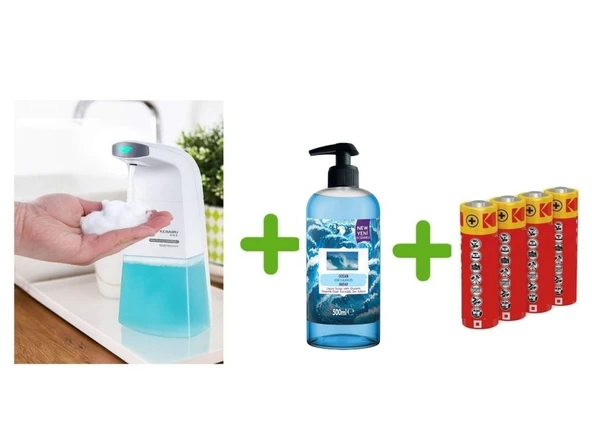 SENSÖRLÜ FOTOSELLİ SIVI SABUNLUK,PİLLER DAHİL 21X10X5CM VE BİR ADET 500 ML SIVI SABUN OKYANUS KOKULU ürün görseli