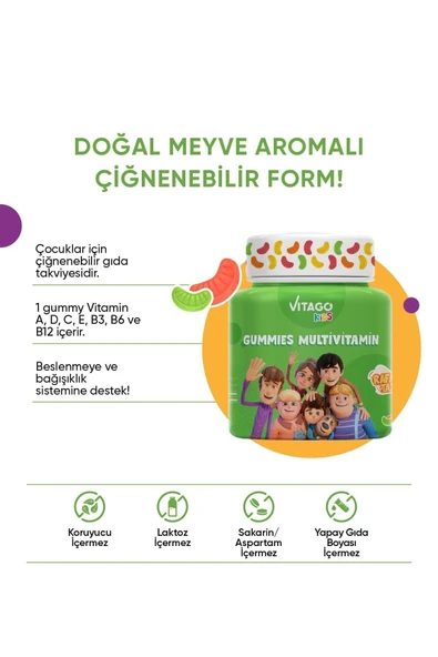 VİTAGO KİDS GUMMİES MULTİVİTAMİN MULTİMİNERAL IÇEREN 60 ADET ÇİĞNENEBİLİR GUMMY JEL - 3