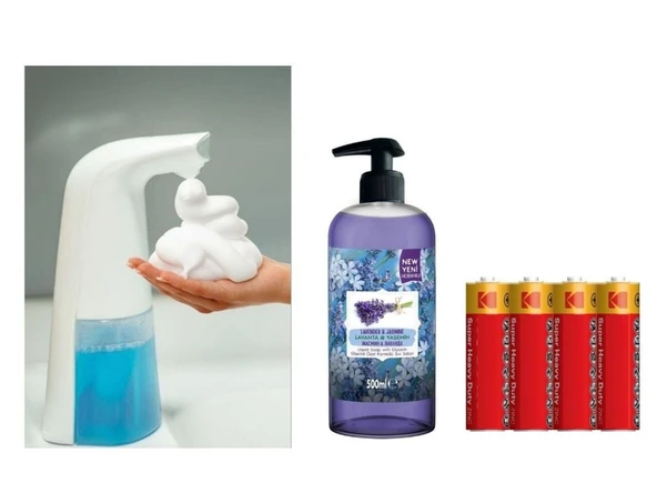 SENSÖRLÜ FOTOSELLİ SIVI SABUNLUK,PİLLER DAHİL 21X5X10CM VE BİR ADET 500 ML SIVI SABUN LAVANTA KOKULU - 2