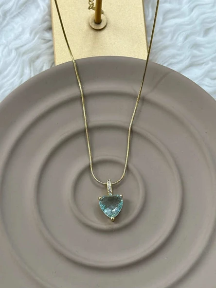 Gold Renk 316L Zincirli Kalp Kesim Mavi Taşlı Zarif ve Anlamlı Hediye Çelik Kolye ürün görseli 1