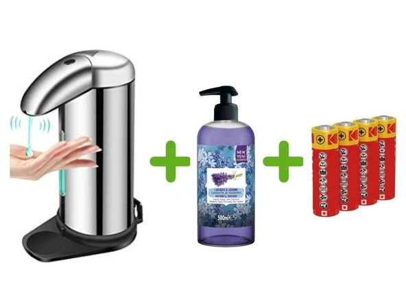SENSÖRLÜ FOTOSELLİ SIVI SABUNLUK,PİLLER DAHİL 14X10X22CM VE BİR ADET 500 ML SIVI SABUN LAVANTA KOKULU ürün görseli
