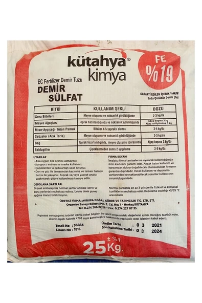 Kütahya Kimya Demir Sülfat 25 kg ürün görseli 1