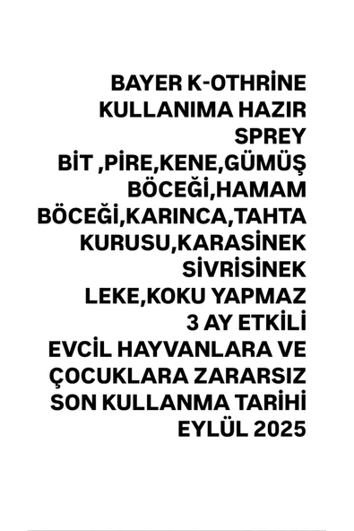 ZİROS Bayer Kothrine 500 ml Kullanima 2 Adet,hazır Sprey Bit Pire Sinek Örümcek Gümüş Böceği Haşere - 2