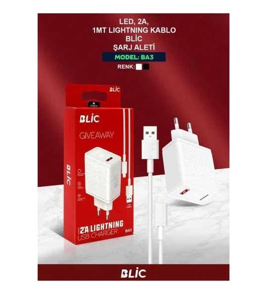 Blic 2A Led Işıklı 1mt Lightning Kablo Şarj Aleti BA3