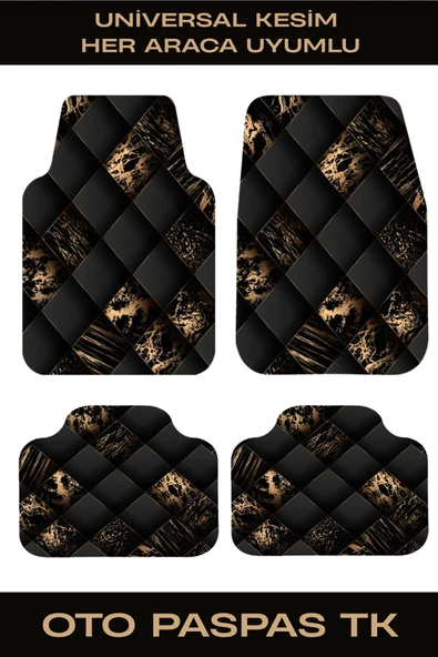 Dekoratif Oto Paspas Takımı – Universal Kesim Siyah Altın Desen 4 Parça Araba Paspası - 2