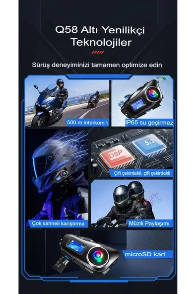 Q58-max Radyolu 2 Kişi Bağlantılı Bluetooth Kask Kulaklık Ekranlı Fenerli Müzik Ve Telsiz Intercom - 2