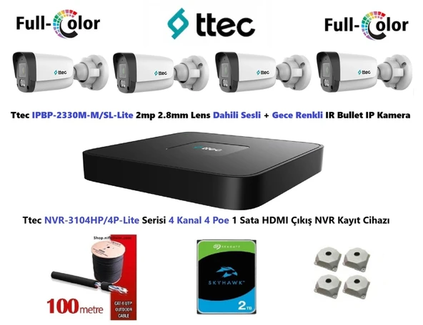 Ttec 2mp Dahili Sesli Ve Gece Renkli 4 Kameralı 2TB Disk Tak Çalıştır Hazır IP Kamera Seti - 1