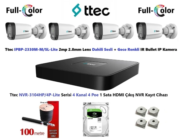 Ttec 2mp Dahili Sesli Ve Gece Renkli 4 Kameralı 500GB Disk Tak Çalıştır Hazır IP Kamera Seti ürün görseli 1