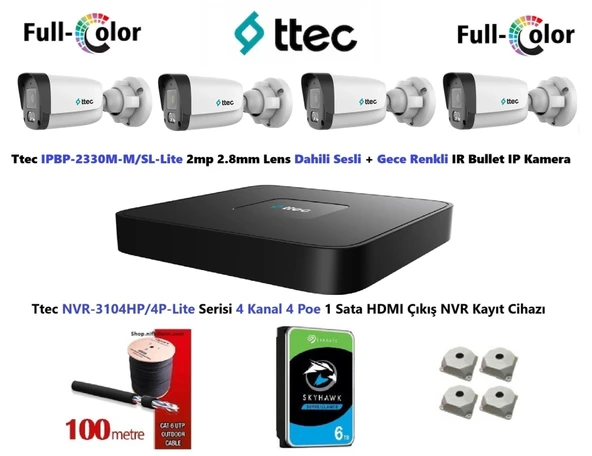 Ttec 2mp Dahili Sesli Ve Gece Renkli 4 Kameralı 6TB Disk Tak Çalıştır Hazır IP Kamera Seti ürün görseli 1