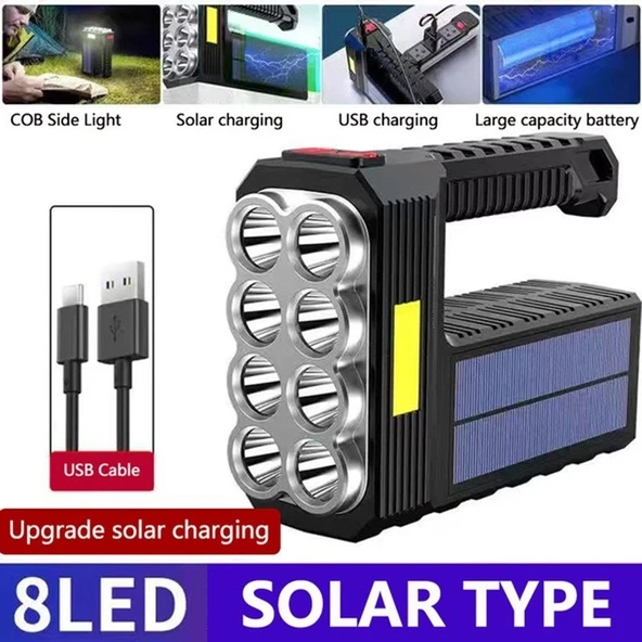 El Feneri Çok Fonksiyonlu 8 Gözlü Şarjlı Solar Usb Güneş Enerjili Şarj Edilebilir Süper Parlak Fenr - 2