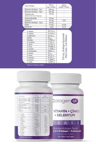 Colagen Life , 5 Tip Kolajen Tip 1 , 2 , 3 , 5 , 10 ( Selenyum , C Vitamini , Çinko ) 90 Tablet - 5