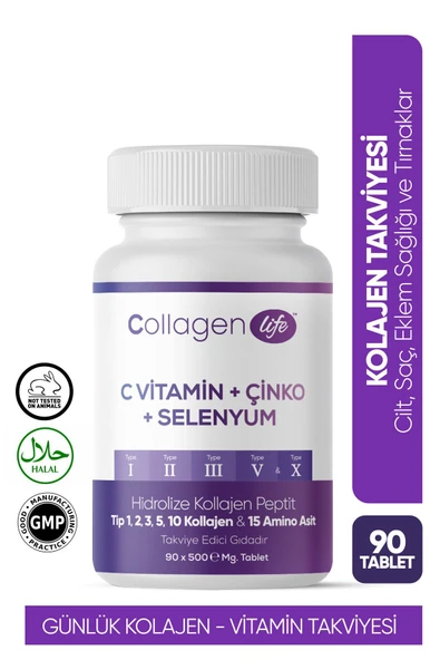 Colagen Life , 5 Tip Kolajen Tip 1 , 2 , 3 , 5 , 10 ( Selenyum , C Vitamini , Çinko ) 90 Tablet