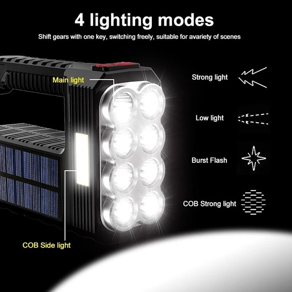 El Feneri Çok Fonksiyonlu 8 Gözlü Şarjlı Solar Usb Güneş Enerjili Şarj Edilebilir Süper Parlak Fenr - 5