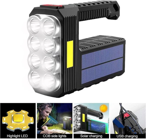 El Feneri Çok Fonksiyonlu 8 Gözlü Şarjlı Solar Usb Güneş Enerjili Şarj Edilebilir Süper Parlak Fenr