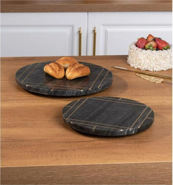 SİYAH RENK 2Lİ YUVARLAK MERMER SUNUMLUK SETİ 25 CM & 30 CM - 2
