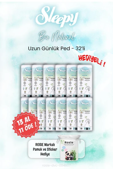 13 AL 11 ÖDE Sleepy Bio Natural Uzun 32'li Günlük Ped ve ROSIE ürün görseli