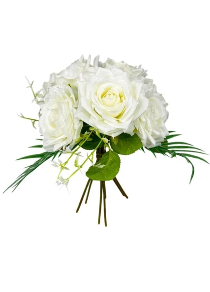 Nettenevime Yapay Çiçek Gelin Çiçeği Buketi Beyaz Gül 10lu Demet  Masa Üstü Vazo Çiçeği 30cm - 2