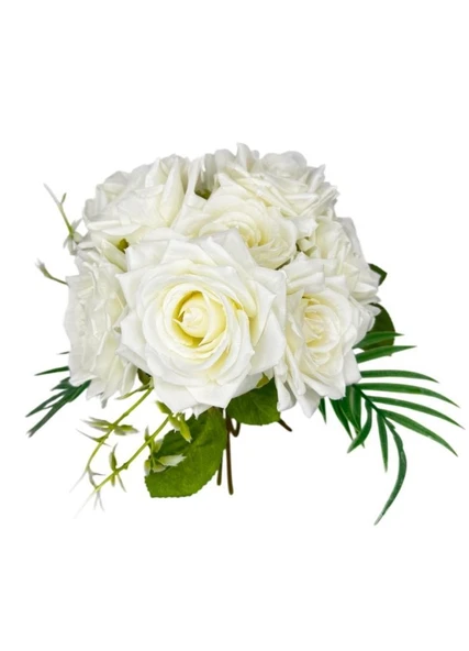 Nettenevime Yapay Çiçek Gelin Çiçeği Buketi Beyaz Gül 10lu Demet  Masa Üstü Vazo Çiçeği 30cm - 5