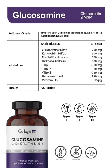 Colagen Forte ,Glukozamin, Glucosamine Chondroitin 90 Tablet 1500mg Kolajen & Vitamin D3 - 5