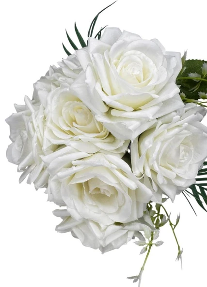 Nettenevime Yapay Çiçek Gelin Çiçeği Buketi Beyaz Gül 10lu Demet  Masa Üstü Vazo Çiçeği 30cm - 4