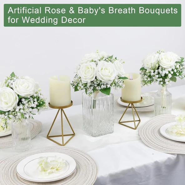 Nettenevime Yapay Çiçek Gelin Çiçeği Buketi Beyaz Gül 10lu Demet  Masa Üstü Vazo Çiçeği 30cm - 7