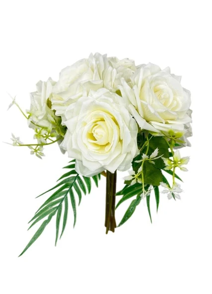 Nettenevime Yapay Çiçek Gelin Çiçeği Buketi Beyaz Gül 10lu Demet  Masa Üstü Vazo Çiçeği 30cm