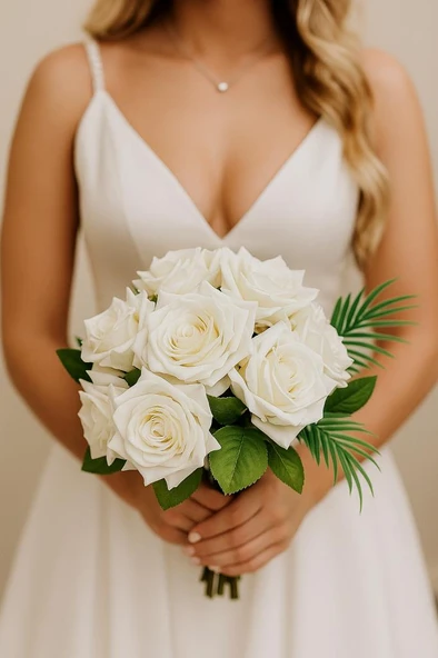 Nettenevime Yapay Çiçek Gelin Çiçeği Buketi Beyaz Gül 10lu Demet  Masa Üstü Vazo Çiçeği 30cm - 6