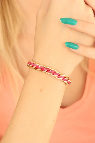 Gold Zincirli Pembe İpli Bayan Bileklik - TJ-BB2561-KS