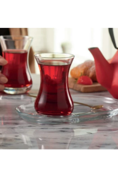 96994 8 Parça Cam İnce Belli Sunumluklu Çay Bardağı Seti - 4