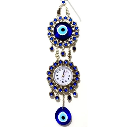 Nikel Zamak Kaplamalı Nazar Boncuklu Gümüş Rengi Mini Duvar Saati