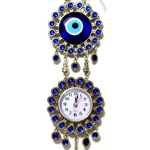 Nikel Zamak Kaplamalı Nazar Boncuklu Gümüş Rengi Mini Duvar Saati - 2