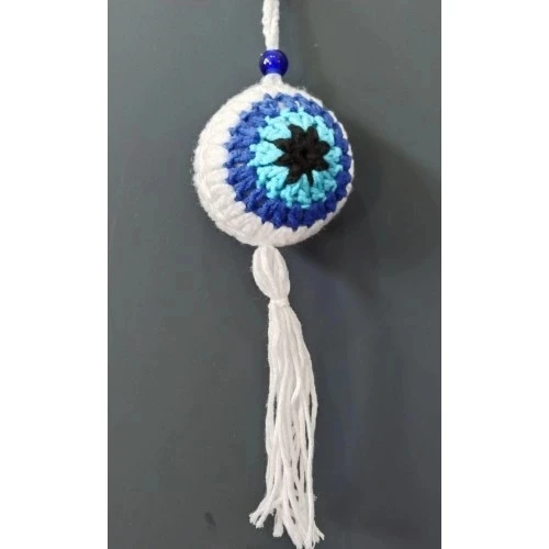 Nazar Boncuğu Desenli Püsküllü Beyaz Araba Süsü - 2