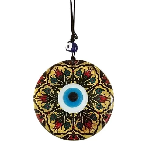 Lale Desenli Altın Varaklı Nazar Boncuklu Füzyon Cam Duvar Dekoru - 5