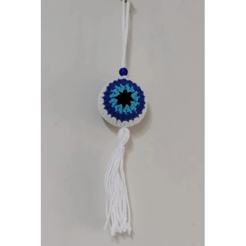 Nazar Boncuğu Desenli Püsküllü Beyaz Araba Süsü - 3